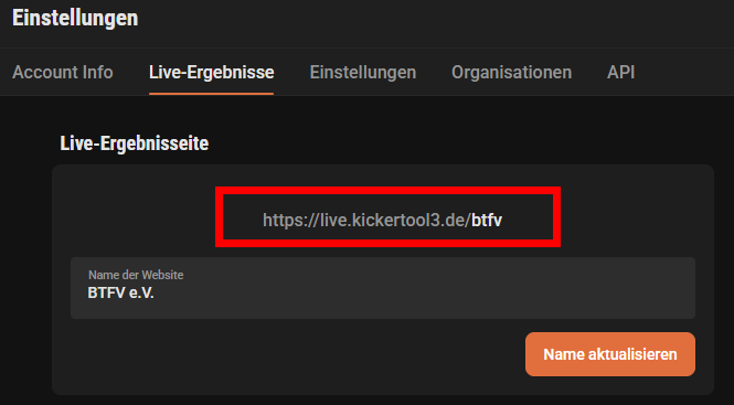 Öffentliche Turnierseite im Kickertool